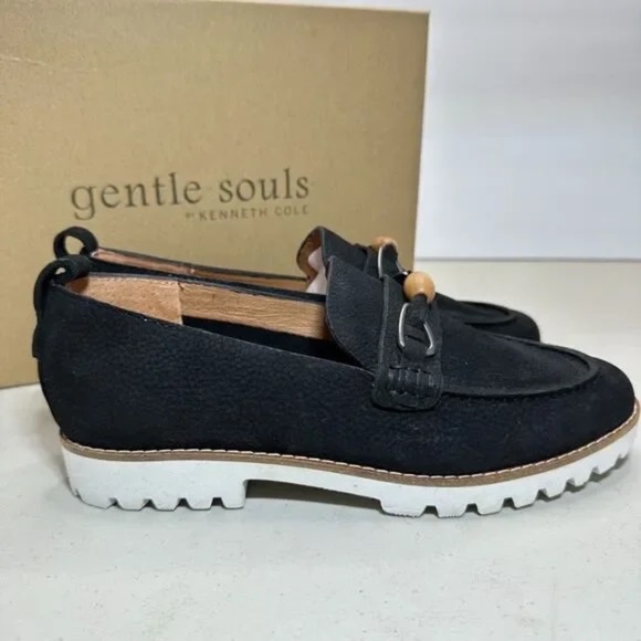 New Gentle Souls by Kenneth Cole Womens Eugene Lug Bit Blk Loafers Shoes Slip On - Picture 4 of 6